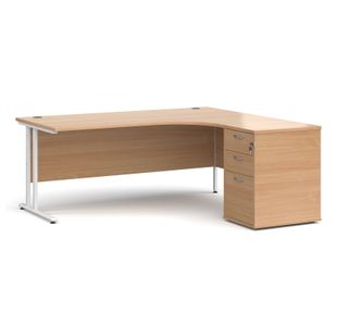 Maestro 25 right hand ergonomic desk 1800mm with white cantilever frame and desk high pedestal - beech