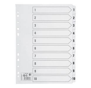 5 Star Index 1-10 Multipunched Mylar-reinforced Strip Tabs 150gsm A4 White 464408