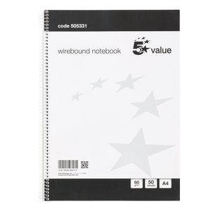 5 Star Spiral Notebook Ruled 60gsm 100 Page A4 Black/White (Pack of 10) 505331