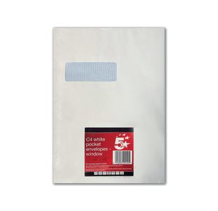 5 Star C4 Window Envelope Peel and Seal 90gsm White (Pack of 10) 600450