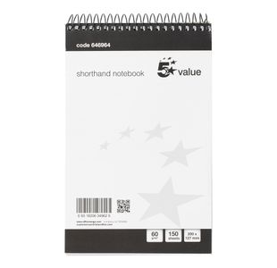 5 Star Spiral Shorthand Notebook Ruled 60gsm 300 Page 127x200mm Black/White (Pack of 5) 646964