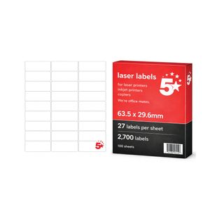 5 Star A4 Mini Sheet Labels 63.5x29.6mm Pack of 2700 FS679600