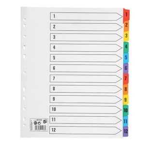 5 Star Office Maxi Index 1-12 Multipunched Mylar-reinforced Multicolour Tabs Extra Wide A4+ White