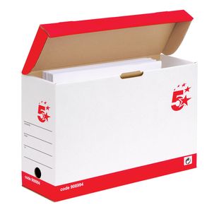 5 Star Transfer Case Hinged Lid Foolscap Self-Assembly 133x401x257mm Red/White (Pack of 20) 908994