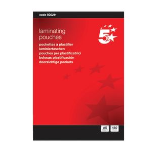 5 Star Laminating Pouches 150 Micron Gloss A5 (Pack of 100) 930211
