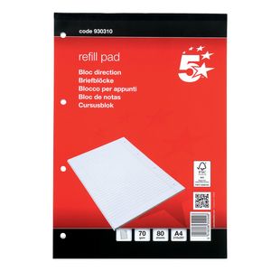 5 Star Headbound Refill Pad Ruled Margin 4 Hole 70gsm 160 Page A4 Red/White (Pack of 10) 930310