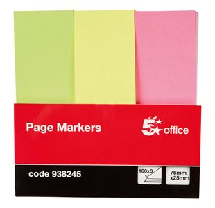 5 Star Index Page Markers 76x25mm 100 Sheets per Card x3 Assorted Neon 938245