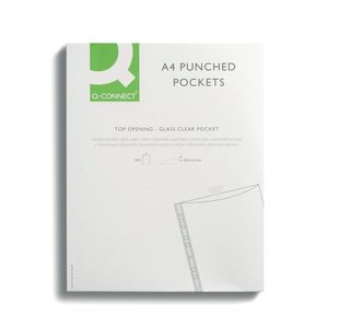 Q-Connect Delux Punched Pocket Top Opening Green Strip A4 Clear (Pack of 100) KF01121