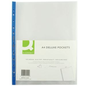 Q-Connect Delux Punched Pocket Top Opening Blue Strip A4 Clear (Pack of 25) KF01122