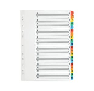 Q-Connect 1-20 Index Multi-punched Reinforced Board Multi-Colour Numbered Tabs A4 White KF01521