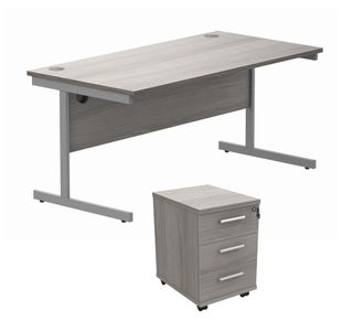 Astin Rectangular Desk +3Drw Mobile Under Desk Pedestal 1680 Alaskan Grey Oak/Silver KF803907