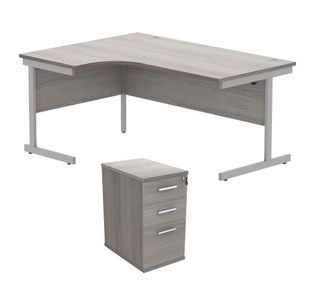 Astin Radial Left Hand SU Desk +Desk High Pedestal 1600x1200 Alaskan Grey Oak/Silver KF820127