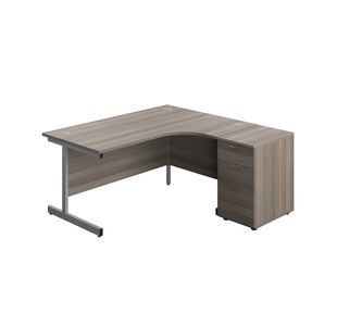 Jemini Radial Right Hand Desk 1600x800-1200x730mm Grey Oak/Silver 600mm Desk High Pedestal KF822681