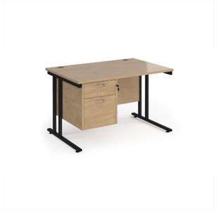 Maestro 25 straight desk 1200mm x 800mm with 2 drawer pedestal - black cantilever leg frame, Kendal oak top
