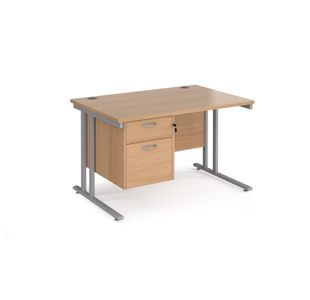 Maestro 25 straight desk 1200mm x 800mm with 2 drawer pedestal - silver cantilever leg frame, beech top
