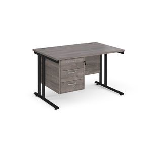 Maestro 25 straight desk 1200mm x 800mm with 3 drawer pedestal - black cantilever leg frame, grey oak top