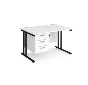 Maestro 25 straight desk 1200mm x 800mm with 3 drawer pedestal - black cantilever leg frame, white top