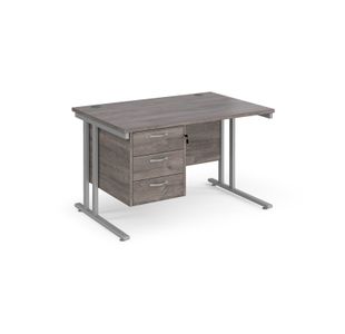 Maestro 25 straight desk 1200mm x 800mm with 3 drawer pedestal - silver cantilever leg frame, grey oak top