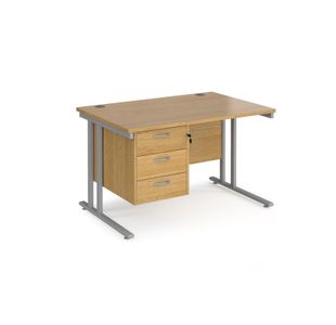 Maestro 25 straight desk 1200mm x 800mm with 3 drawer pedestal - silver cantilever leg frame, oak top