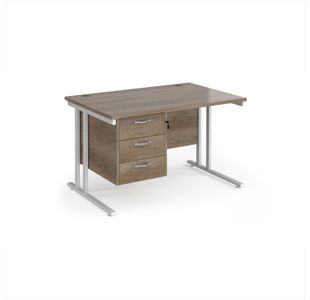 Maestro 25 straight desk 1200mm x 800mm with 3 drawer pedestal - white cantilever leg frame, Nebraska oak top