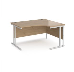 Maestro 25 right hand ergonomic desk 1400mm wide - white cantilever leg frame, Kendal oak top