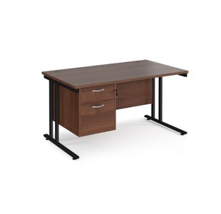 Maestro 25 straight desk 1400mm x 800mm with 2 drawer pedestal - black cantilever leg frame, walnut top