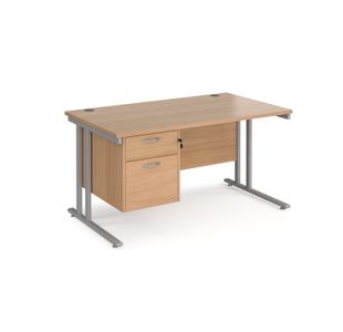 Maestro 25 straight desk 1400mm x 800mm with 2 drawer pedestal - silver cantilever leg frame, beech top