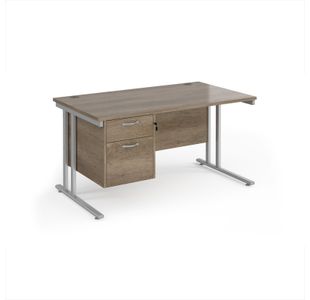Maestro 25 straight desk 1400mm x 800mm with 2 drawer pedestal - silver cantilever leg frame, Nebraska oak top