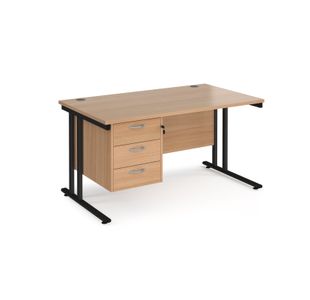 Maestro 25 straight desk 1400mm x 800mm with 3 drawer pedestal - black cantilever leg frame, beech top