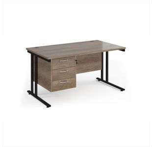Maestro 25 straight desk 1400mm x 800mm with 3 drawer pedestal - black cantilever leg frame, Nebraska oak top