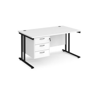 Maestro 25 straight desk 1400mm x 800mm with 3 drawer pedestal - black cantilever leg frame, white top
