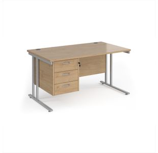 Maestro 25 straight desk 1400mm x 800mm with 3 drawer pedestal - silver cantilever leg frame, Kendal oak top