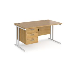 Maestro 25 straight desk 1400mm x 800mm with 3 drawer pedestal - white cantilever leg frame, oak top