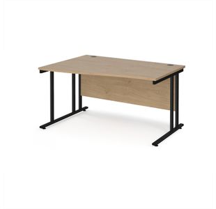 Maestro 25 left hand wave desk 1400mm wide - black cantilever leg frame, Kendal oak top