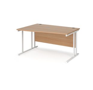 Maestro 25 left hand wave desk 1400mm wide - white cantilever leg frame, beech top
