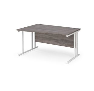 Maestro 25 left hand wave desk 1400mm wide - white cantilever leg frame, grey oak top