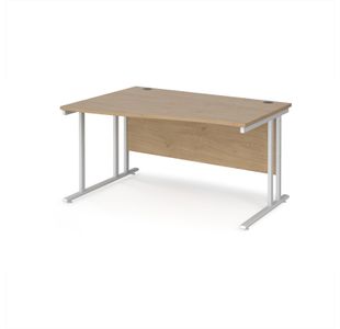 Maestro 25 left hand wave desk 1400mm wide - white cantilever leg frame, Kendal oak top