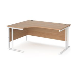 Maestro 25 left hand ergonomic desk 1600mm wide - white cantilever leg frame, beech top