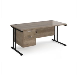 Maestro 25 straight desk 1600mm x 800mm with 2 drawer pedestal - black cantilever leg frame, Nebraska oak top