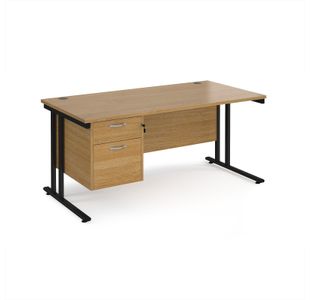 Maestro 25 straight desk 1600mm x 800mm with 2 drawer pedestal - black cantilever leg frame, oak top