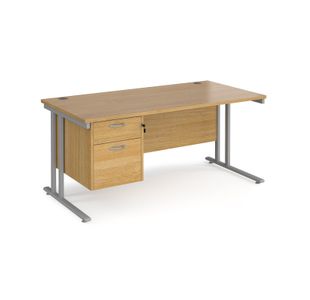 Maestro 25 straight desk 1600mm x 800mm with 2 drawer pedestal - silver cantilever leg frame, oak top