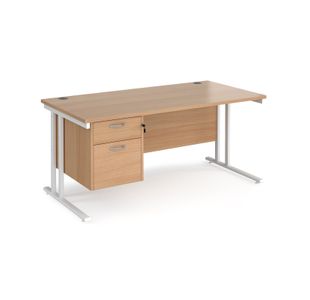 Maestro 25 straight desk 1600mm x 800mm with 2 drawer pedestal - white cantilever leg frame, beech top