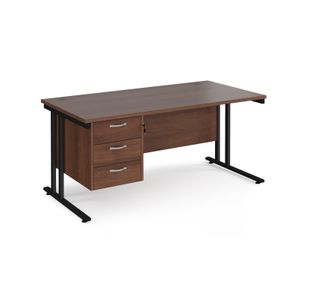 Maestro 25 straight desk 1600mm x 800mm with 3 drawer pedestal - black cantilever leg frame, walnut top