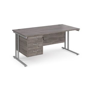 Maestro 25 straight desk 1600mm x 800mm with 3 drawer pedestal - silver cantilever leg frame, grey oak top
