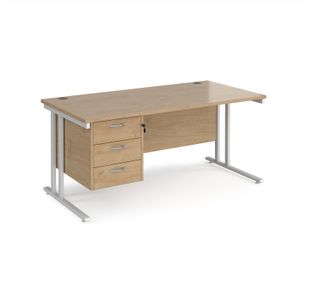 Maestro 25 straight desk 1600mm x 800mm with 3 drawer pedestal - white cantilever leg frame, Kendal oak top