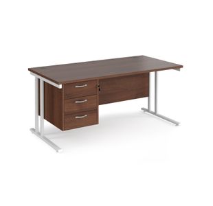 Maestro 25 straight desk 1600mm x 800mm with 3 drawer pedestal - white cantilever leg frame, walnut top