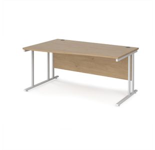 Maestro 25 left hand wave desk 1600mm wide - white cantilever leg frame, Kendal oak top