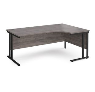 Maestro 25 right hand ergonomic desk 1800mm wide - black cantilever leg frame, grey oak top
