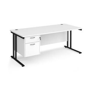 Maestro 25 straight desk 1800mm x 800mm with 2 drawer pedestal - black cantilever leg frame, white top