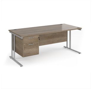 Maestro 25 straight desk 1800mm x 800mm with 2 drawer pedestal - silver cantilever leg frame, Nebraska oak top